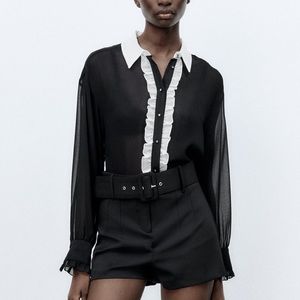 Zara ruffled semi sheer top,black with white details, jewel buttons